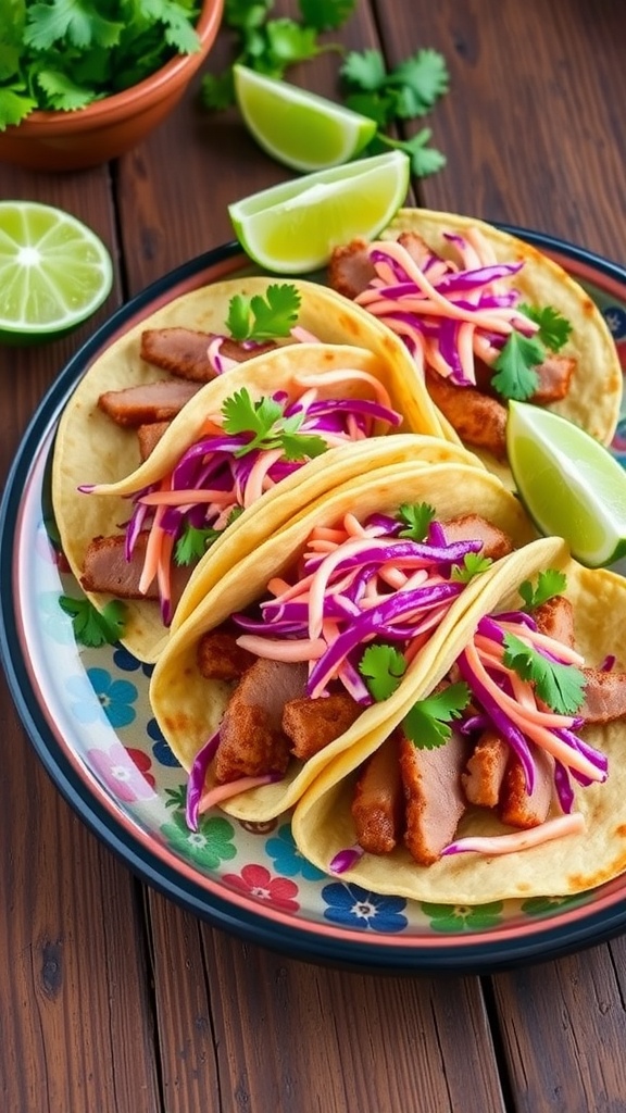 Plate of crispy tuna tacos with cabbage slaw and lime wedges on a rustic wooden table.